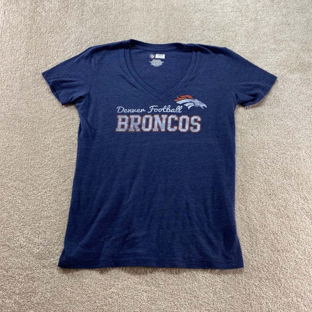 NFL Team Apparel Denver Broncos Shirt Womens XL Blue V-Neck Short Sleeve Heather